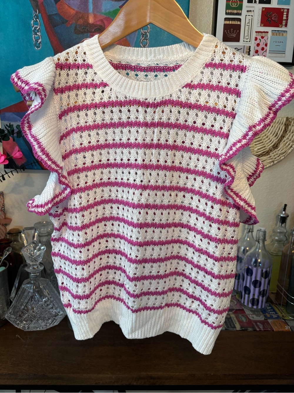 Brand New! Women’s White and Pink Striped Ruffle Sleeve Knit Sweater (Size: M)